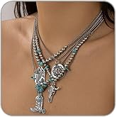 ANGLEQUEEN Western Necklaces for Women Turquoise Beaded Layered Chain Necklaces Boho Cowgirl Hat Boots Pendant Western Necklace Country Concerts Dresses Accessories