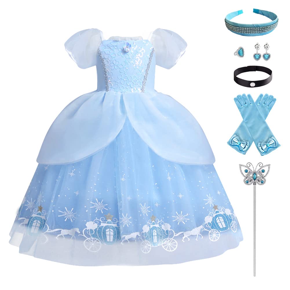 Photo 1 of Cinderella Dresses for Girls Kids Little Princess Dress Up Clothes Butterfly Tulle Long Ball Gown+Accessories Fairy Birthday Party Halloween Christmas Carnival Cosplay Fancy Costume 3#Blue 4-5 Years