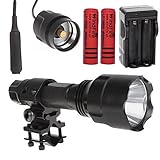WindFire Cree Xm-l T6 LED 1600 Lumens 5 Modes Tactical Flashlight with Remote Switch Pressure Tail Switch Wire Extended Switch and Flashlight & Laser mount for Gun/Rifle/Shotgun plus 2x 18650 Rechargeable Batteries and AC Charger Complete Set