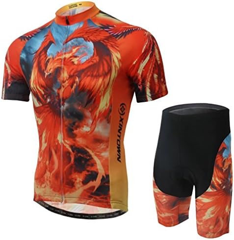 BESYL Unisex Printed High-Performance Mesh Cycling Clothing Kit, Cycling Jerseys Short Sleeve and Padded Shorts Suit for Bike, Biker, Bicycle, Riding (Orange Yellow Fire Phoenix)