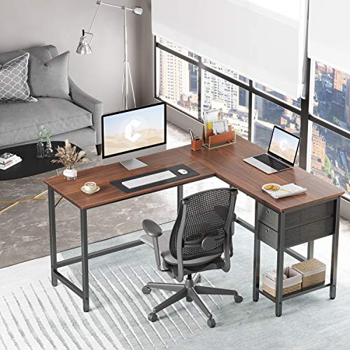 Cubiker LShaped Computer Desk 60" with 2 Drawers and Shelves for