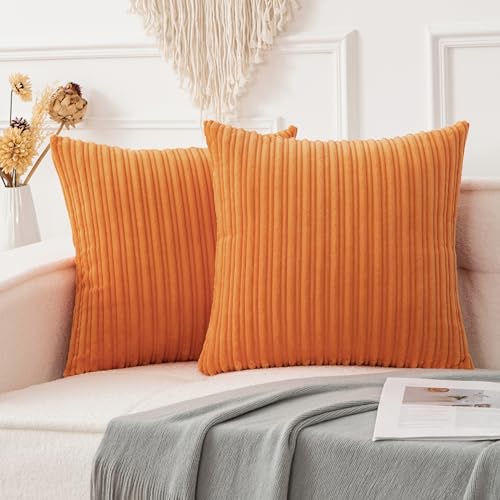 UGASA Fall Decorative Soft Velvet Stripe Pillow Covers Set of 2 Solid Corduroy Textured Euro Cushion Cases for Couch Bedroom Sofa Farmhouse, 26x26 Inch, Orange