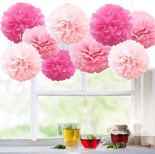 9 Pack Mixed Tissue Paper Pompom Pom Poms Hanging Garland Wedding Party Decor (Rose Shade)