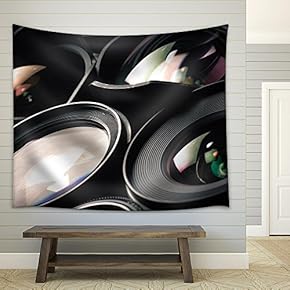 Set of DSLR Lenses, Different Sizes and Reflections. Low Key Image - Fabric Wall Tapestry Home Decor - 51x60 inches
