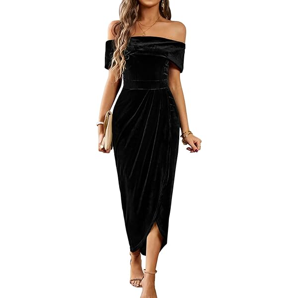 Floerns Women's Plus Size Velvet Dress - Asymmetrical Neck Cocktail Bodycon Midi