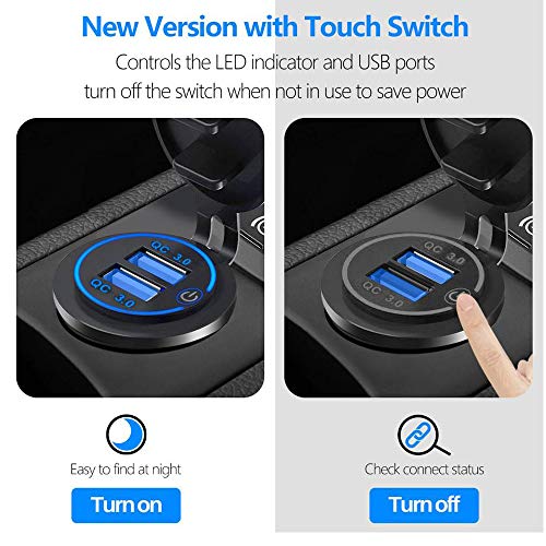 Thlevel Dual QC3.0 USB Charger Socket, Dual 5V/4.2A USB Car Charger Power Outlet with Switch for 12V/24V Car, Boats and Marine, Motorcycle, Truck, SUV, UTV
