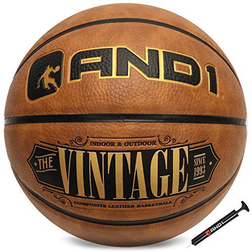 AND1 Vintage Premium Composite Basketball & Pump- Official Size 7 (29.5”) Streetball, Made for Indoor and Outdoor Basketball Games (Tan), 5A1BK0155Z9E2