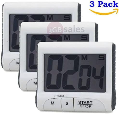 Easy to READ and USE Digital Timer: Large Display Loud, Alarm, Count Down / Up, for the Kitchen, Cooking, Classroom, Kids Time Out. Strong Magnet, Retractable Stand, Hanging Hook and Clip (3)