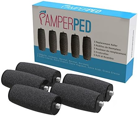 3 Extra Coarse and 2 Regular Coarse refill rollers by Pamperped for the electric rechargeable amope pedi perfect callus remover foot file pedicure tool kit set Professional spa like results wet or dry