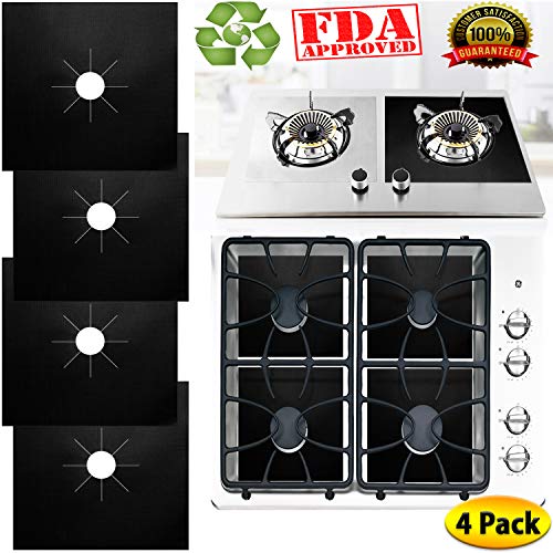 Gas Range Stove Burner Covers (4 Pack Set) Heat-Resistant, Non-Stick Cooking Surface Protectors | PTFE-Coated Fiberglass | Reusable, Easy Clean Kitchen Accessory (Black)