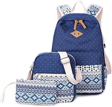 Canvas Backpack School Bags Set for Teens Girls, Casual Daypack + Shoulder Bag + Pencil Case-Type B Blue