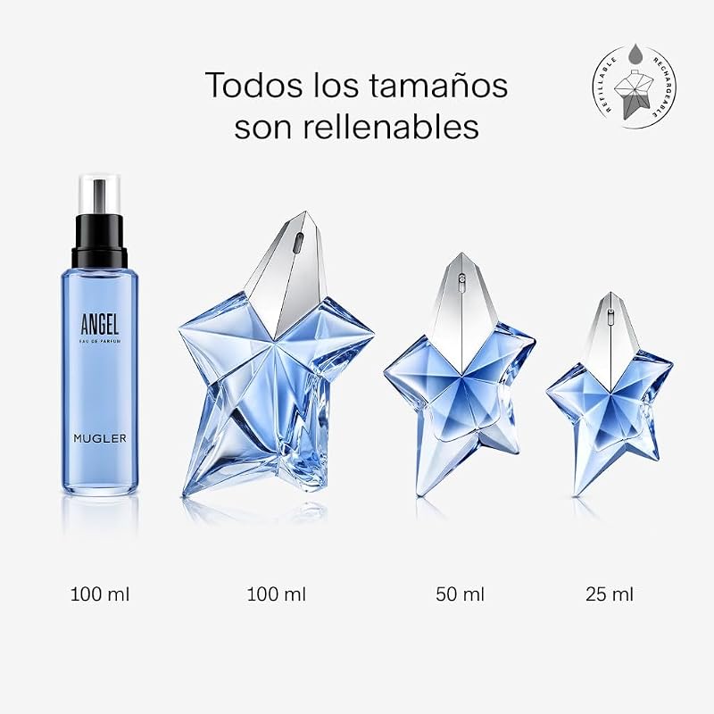 Mugler angel eau de parfum, perfume feminino, aroma gourmand com notas de âmbar, fragrância fascinante, recarregável, 100 ml
