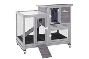 Aivituvin Rabbit Hutch, Indoor Bunny Cage with Run Outdoor Rabbit House with Two Deeper No Leak Trays - 4 Casters Include (Grey)
