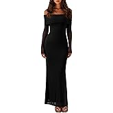 REORIA Women Off Shoulder Long Sleeve Dress Elegant Sexy Stretch Mesh Double Lined Slim Trendy Long Dresses