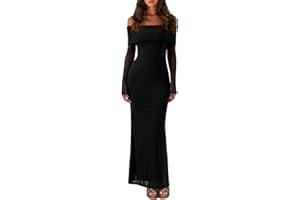 REORIA Women Off Shoulder Long Sleeve Dress Elegant Sexy Stretch Mesh Double Lined Slim Trendy Long Dresses