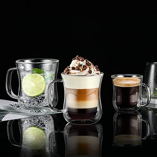 ecooe Set of 2 Double Walled Coffee Cups for Latte Macchiato - Borosilicate Glass, 2 Pack, 240 ml, with Handle for Cappuccino, Tea, Ice, Milk, Beer