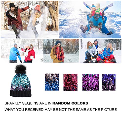 Homiton Women Sequin Knitted Beanie Hat with Faux Fur Pom-Pom Shiny Bling Skull Cap (Black)