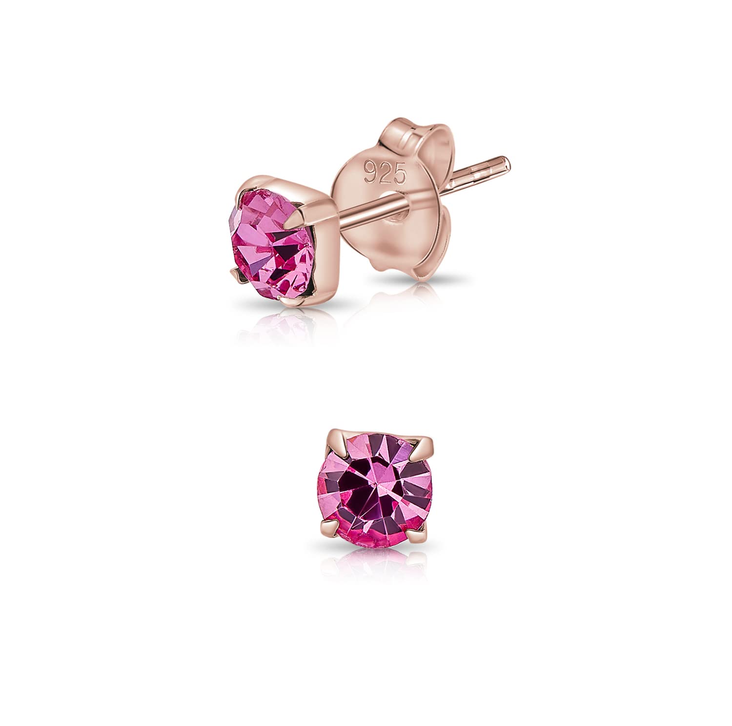 DTPsilver® 925 Sterling Silver Rose Gold Plated SMALL Square Stud Earrings made with Round Glittering Crystals from Swarovski® Elements - Diameter: 4 mm - Colour : Fuchsia