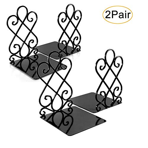 Bookends, Decorative Book Ends Metal Heavy Duty Book Support for Shelves Non-Skid for Office Desk School Library Organizer Gift, 7 x 6.1 x 8.6 inch Black (2 Pairs)