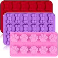 3 Pack Silicone Ice Molds Trays with Puppy Dog Paw and Bone Shape, FineGood Reusable Bakeware Maker for Baking Chocolate Candy, Oven Microwave Freezer Dishwasher Safe - Pink, Red, Purple