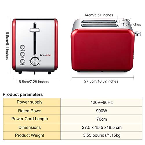 Bonsenkitchen 2 Slice Red Toaster, Extra Wide Slot 5.5''*1.4'' for