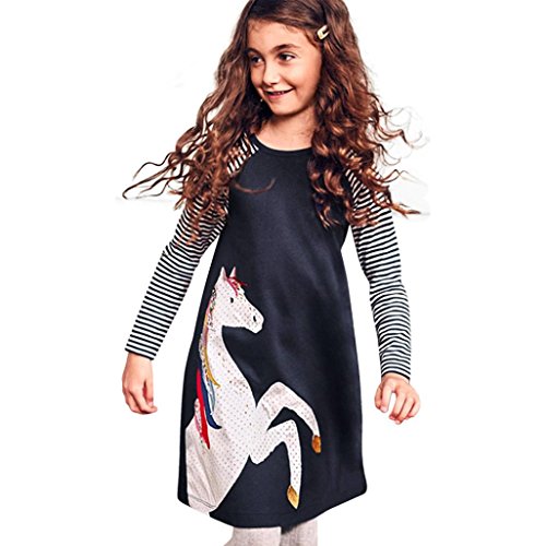 Nmch Kids Dress Clothes,Baby Girl Kid Fall Autumn Clothing Horse Stripe Print Princess Party Dreses (5T, Navy)