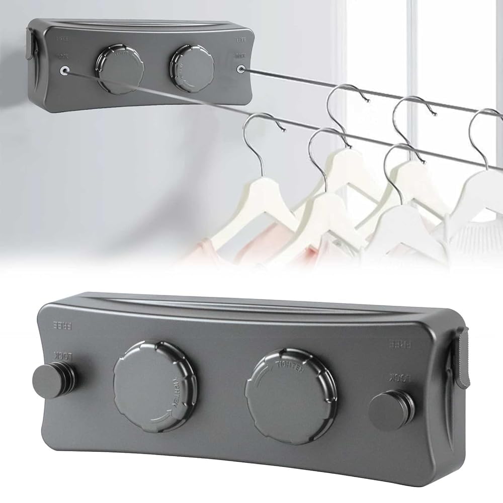 16.7Ft Double Rope Retractable Clothesline,Non-Sagging Clothes Line Indoor & Outdoor,Extendible Washing Line, Wall Mounted Stainless Steel Clothes Line Retractable Clothesline (Gray)