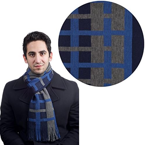 Le Ferre Men's Winter Fashionable Soft 100% Pure Wool Colorful Striped Knit Long Scarf (Blue &amp;Grey&amp;Black)