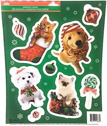 Winter Christmas Holiday Season Window Cling Stickers ~ Dogs, Cats, Puppies, Kitten, Ornaments, Christmas Stockings, Bows ~ 9 Adorable Stickers