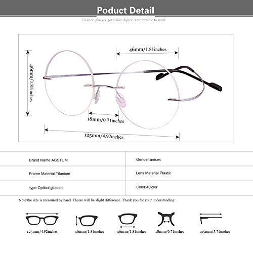 Agstum Pure Titanium Round Prescription Rimless Glasses Frame 46mm (Silver, 46)