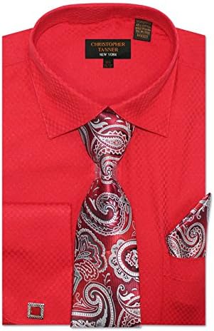 Christopher Tanner Men's Regular Fit Dress Shirts with Tie & Hankerchief Cufflinks Combo Unique Pattern 18.5" Neck 36/37" Sleeve Red