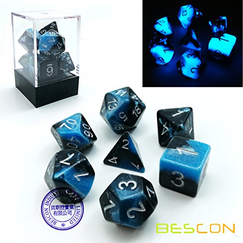 Bescon Two-Tone Glow-in-The-Dark Polyhedral Dice Set Blue Dawn, Luminous RPG Dice Set d4 d6 d8 d10 d12 d20 d% Brick Box Pack