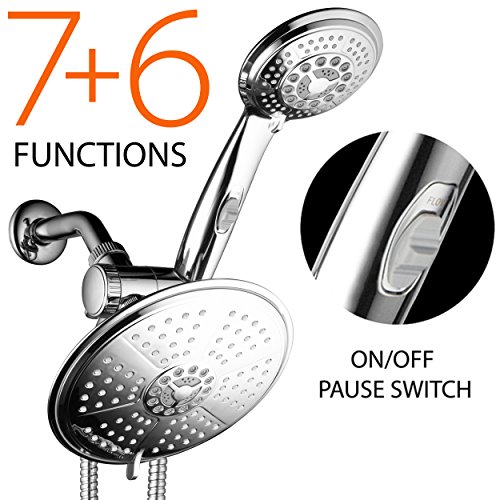 Dream Spa38-Setting 3-Way Rainfall Combo features 7-setting 7-inch Rain Shower Head and 6-setting 4-inch Hand Shower with Patented ON/OFF Pause Switch Use