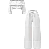 winkbay Women's 2 Piece Going Out Outfits Off The Shoulder Crop Top and Wide Leg Pants Set