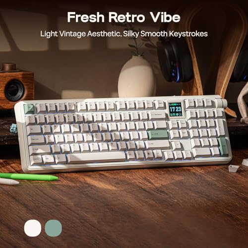 EPOMAKER RT100 PRO Tri-Mode Mechanical Keyboard, 1.54” Hot-Swap Screen, Knob, Retro PBT Keycap, Mac Keys, Thocky Gasket, Custom Driver, RGB, BT/2.4G Wireless Gaming Keyboard (White, Creamy Jade)