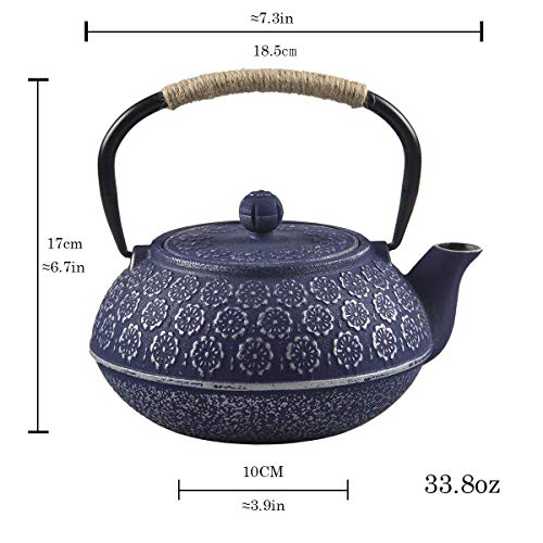 1 Liter Enameled Cast Iron Tea Kettle With Infuser - Stovetop Safe, Red Bamboo Design