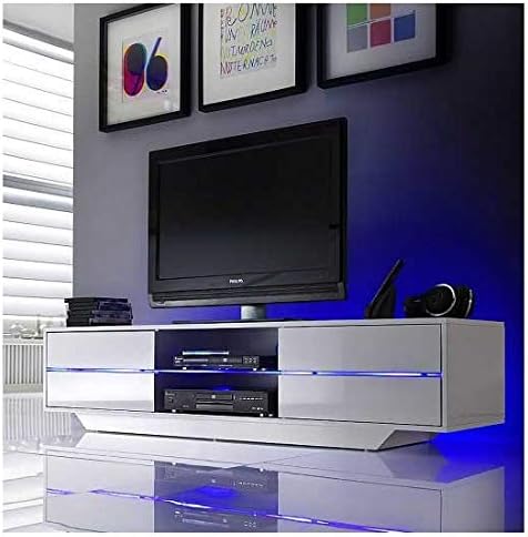ModaNuvo TV Unit Cabinet Stand with Drawers and LED Light, White High Gloss