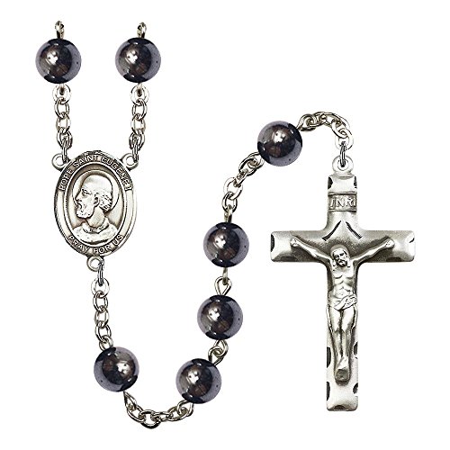 Pope Saint Eugene I Silver-Plated Rosary 8mm Hematite Beads Crucifix Size 1 3/4 x 1 medal charm