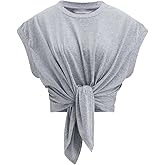 BQDCQB Crop Tops for Women Cap Sleeve Tie Front Solid Ruched T-Shirt Tops 2025 Summer Crew Neck Tee Shirts Blouse