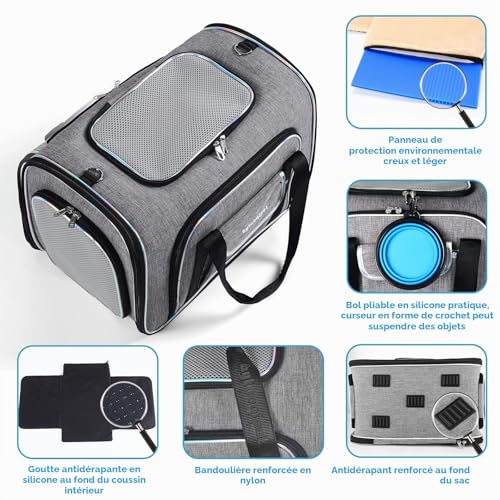 Airline Approved Expandable 4-Sided Cat Carrier Bag for Cats & Small Dogs, Car/Plane/Train, Folding, Removable Soft Cushion, 45 x 28 x 28 cm, Secure