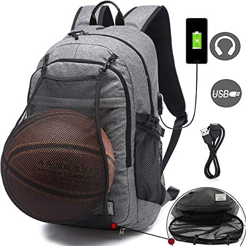Basketball Bags Sports Backpacks for Football, Soccer with Ball Compartment Laptop Computer Backpack with USB Charging & Headphone Port Fit 15.6 inch Notebook for Boys Men