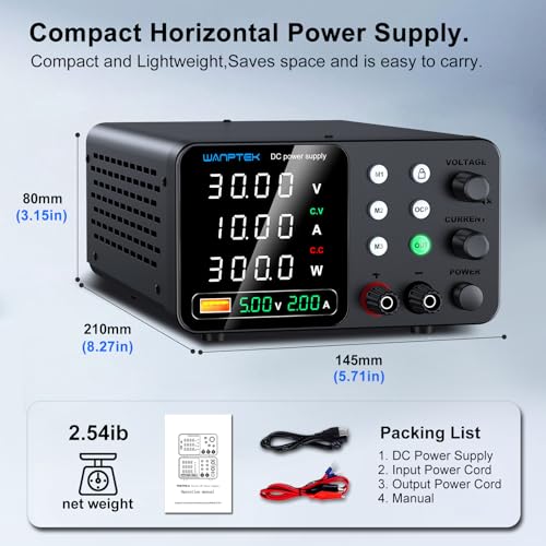 WANPTEK POWER 30V 10A Lab Power Supply with 3 Memories and Lock Key, Adjustable Stabilized Power Supply with OCP Protection/Outputs/USB Fast Charging/4 Digit LED Display