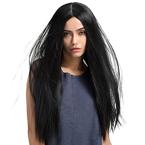 Mufly Natur Schwarz Glatt Weiblich Lang Mittelscheitel Kunsthaar volle Perücke Party/Kostüm Karneval Synthetic Wigs