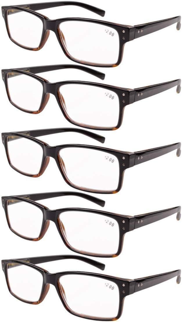 Eyekepper 5-Pack Spring Hinge Reading Glasses Vintage Readers Men Women +2.00, Black/Yellow-5pcs All Clear Lens, 2.0 Diopters