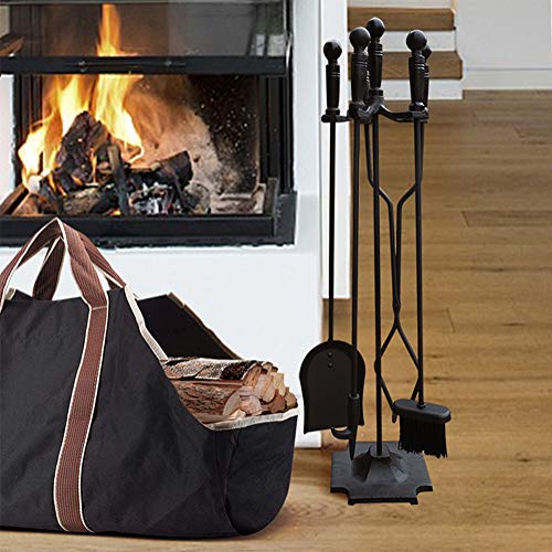 5 Pieces Wrought Iron Fireplace Tools Set Firepit Fireset with Handles, with Poker, Tongs, Shovel, Brush, Sturdy Center Stand