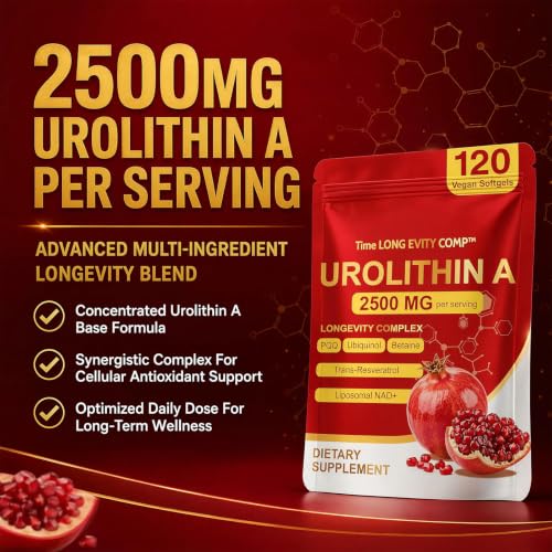 Urolithin A Supplement 2500mg with NAD+, Resveratrol, CoQ10 & PQQ, High Potency 5-in-1 Longevity Formula, Mitochondrial Support for Healthy Aging, Energy & Muscle Strength, 120 Softgels