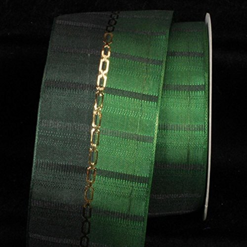 Emerald and Hunter Green Woven Taffeta with Gold Link Print Wired Craft Ribbon 2.5