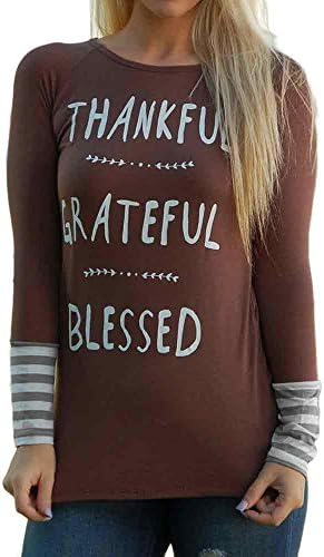 RIUDA Women's Long Sleeve Letter Printed Striped Splicing O-Neck T-Shirt (L)