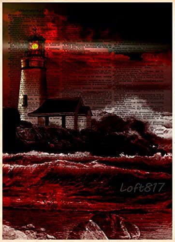 Lighthouse on cliff, creepy light house, red an black themed nautical decor