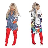 BAIFERN Women Long Sleeve Printed Distressed Denim Coat Paneled Party Punk Hip Hop Jacket